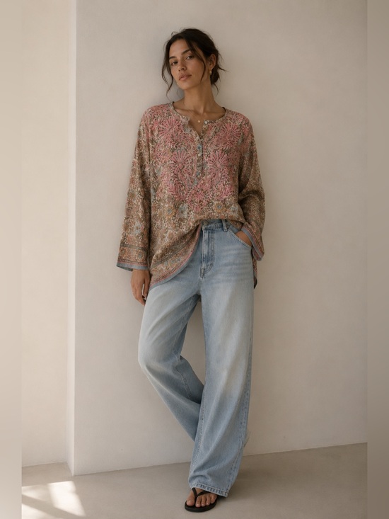 Dolma Tops - DOLMA 100% Silk Embroidered Floral Tunic Blouse | Embroidery Silk Top L